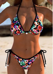 Ditsy Floral Print Contrast Binding Black Bikini Set