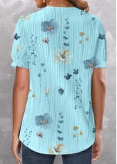 Floral Print Patchwork Cyan Short Sleeve V Neck Blouse