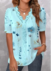 Floral Print Patchwork Cyan Short Sleeve V Neck Blouse