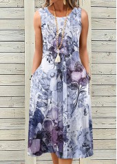 Floral Print Breathable Dusty Purple A Line Sleeveless Dress