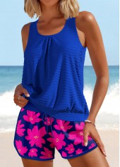 Floral Print Patchwork Royal Blue Tankini Set
