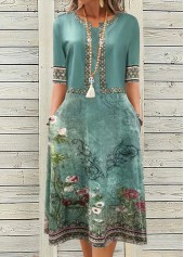 Floral Print Two Piece Turquoise Dress and Cardigan