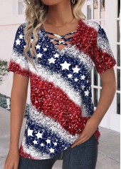 Plus Size Navy Criss Cross Flag Print T Shirt