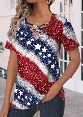 Plus Size Navy Criss Cross Flag Print T Shirt