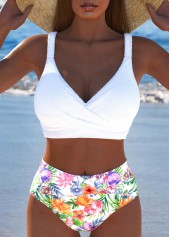 Floral Print Criss Cross White Bikini Set