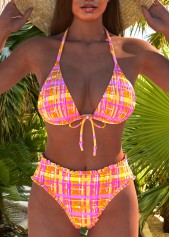 Plaid Tie Smocked Orange Bikini Set