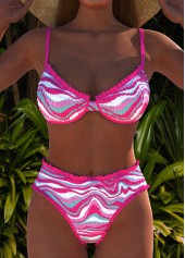 Wave Pattern Print Smocked Hot Pink Bikini Set