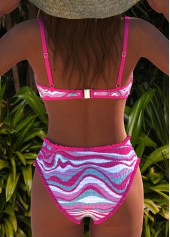 Wave Pattern Print Smocked Hot Pink Bikini Set