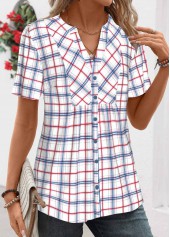 Plaid Patchwork Blue Short Sleeve Split Neck Shirt