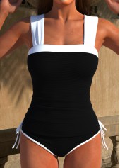 Patchwork Contrast Binding Black Tankini Set