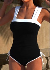 Patchwork Contrast Binding Black Tankini Set