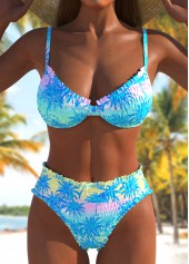 Tropical Plants Print Smocked Sky Blue Bikini Set