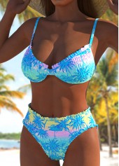 Tropical Plants Print Smocked Sky Blue Bikini Set