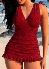 Lace Frill Wine Red One Piece Swimdress