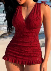 Lace Frill Wine Red One Piece Swimdress