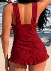 Lace Frill Wine Red One Piece Swimdress