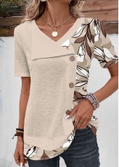 Plus Size Light Camel Patchwork Floral Print T Shirt
