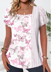 Butterfly Print Button White Short Sleeve T Shirt
