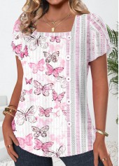 Butterfly Print Button White Short Sleeve T Shirt