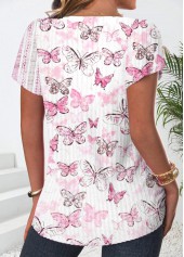 Butterfly Print Button White Short Sleeve T Shirt