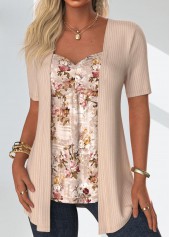 Floral Print Skin Color Fake Two Piece Twinset