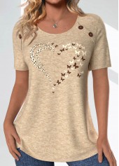 Butterfly Print Button Light Camel Short Sleeve T Shirt