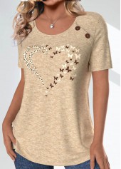 Butterfly Print Button Light Camel Short Sleeve T Shirt