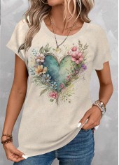 Floral Print Light Camel Short Sleeve T Shirt