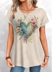 Floral Print Light Camel Short Sleeve T Shirt