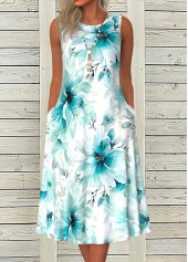 Plus Size Floral Print Tummy Coverage Blue Sleeveless Dress