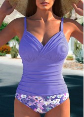 Floral Print Bowknot Dusty Purple Tankini Set