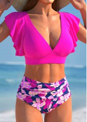 Floral Print Ruffle Hot Pink Bikini Set