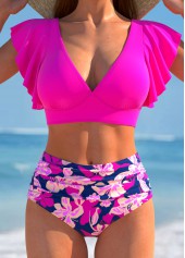Floral Print Ruffle Hot Pink Bikini Set