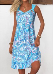 Paisley Print Tummy Coverage Light Blue Sleeveless Dress