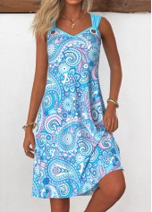 Paisley Print Tummy Coverage Light Blue Sleeveless Dress