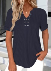 Lace Up Short Sleeve Navy T Shirt
