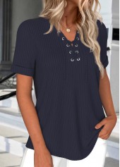 Lace Up Short Sleeve Navy T Shirt