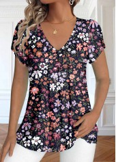 Floral Print Ruched Navy Short Sleeve T Shirt