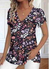 Floral Print Ruched Navy Short Sleeve T Shirt