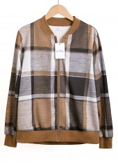 Plaid Zipper Dark Coffee Long Sleeve Stand Collar Jacket