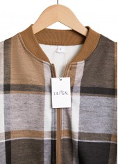 Plaid Zipper Dark Coffee Long Sleeve Stand Collar Jacket