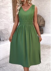 Smocked Avocado Green Sleeveless V Neck Dress