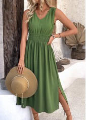 Smocked Avocado Green Sleeveless V Neck Dress