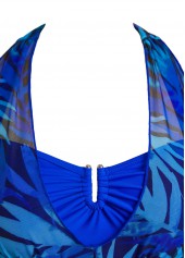 Tropical Plants Print Patchwork Royal Blue Tankini Set