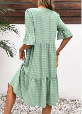 Button Light Green A Line Half Sleeve Dress