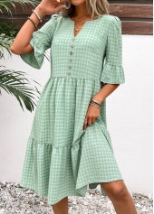 Button Light Green A Line Half Sleeve Dress