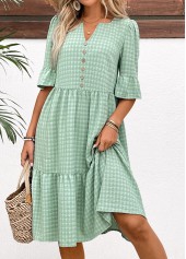 Button Light Green A Line Half Sleeve Dress