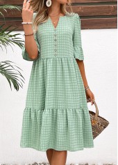Button Light Green A Line Half Sleeve Dress