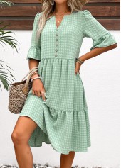 Button Light Green A Line Half Sleeve Dress