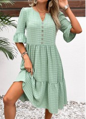 Button Light Green A Line Half Sleeve Dress